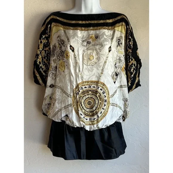 Y2K Cache 100% Silk Blouson Tunic Top M Tea Pot Print Baroque Chain Draped - Picture 1 of 12